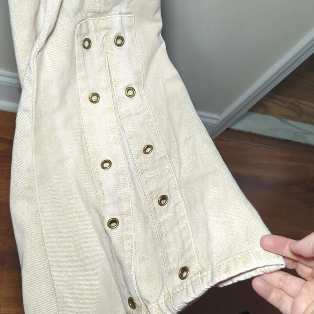 Prettylittlething Grommet Flare Jeans Cream High Waist Cotton Women's Size 14